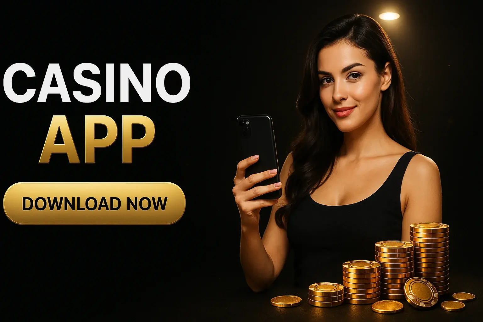 Wide casino app banner with woman holding smartphone and gold sparkles
