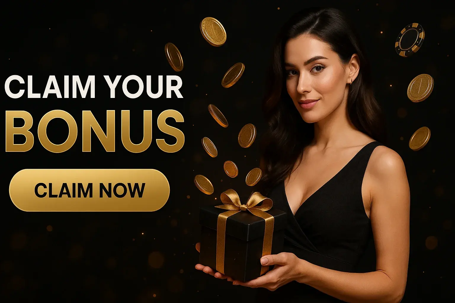 Wide casino bonus banner with gold bokeh, woman holding gift box