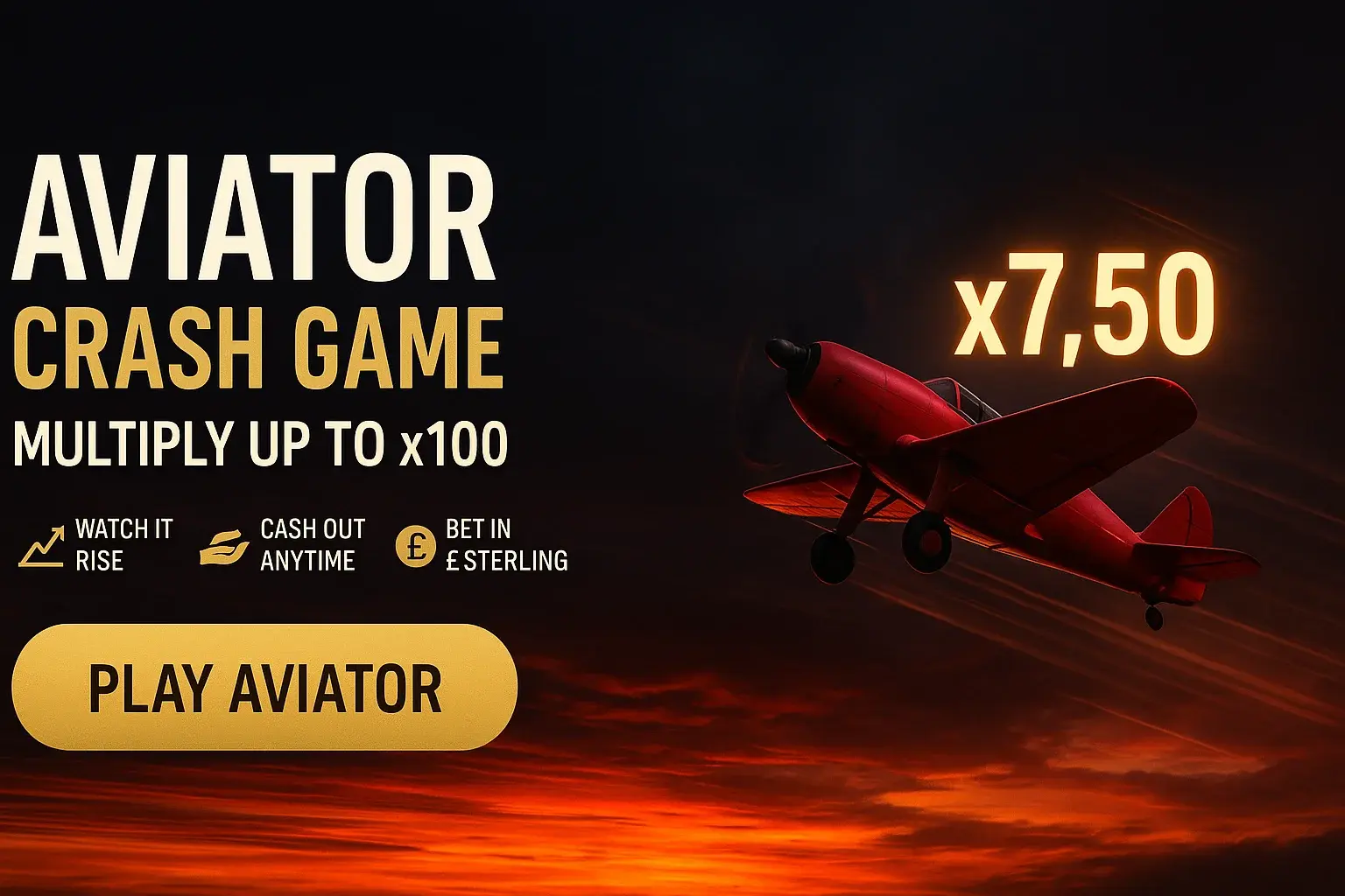 Photorealistic aviator crash game banner with red aircraft and x7.50 multiplier