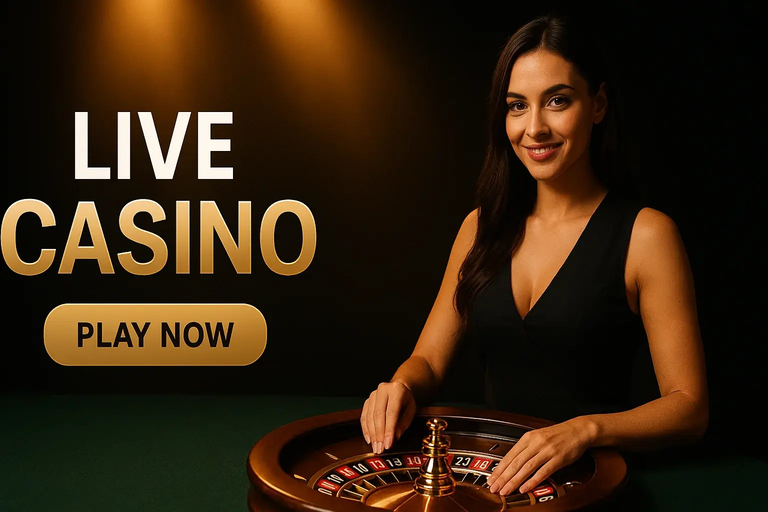 Photorealistic live casino banner with croupier, roulette wheel and gold spotlights