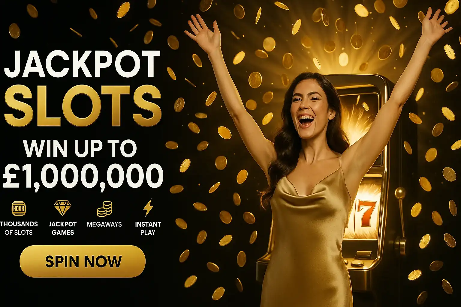 Wide casino slots banner with jackpot text, gold coins, British woman