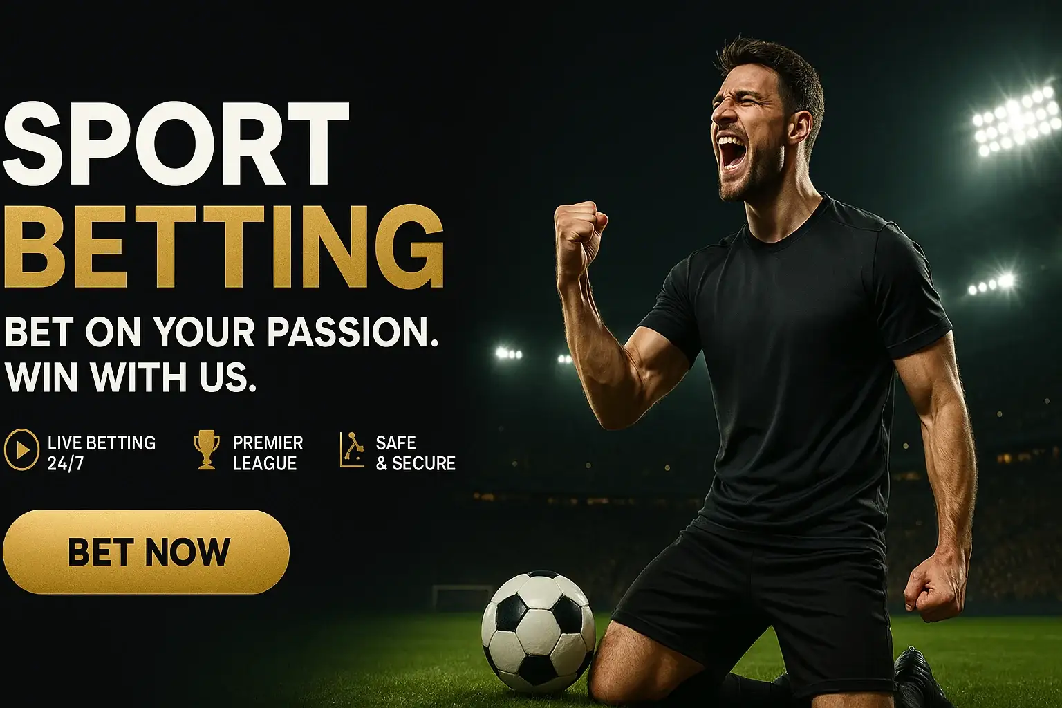 Wide sports betting casino banner with football pitch glow and British man